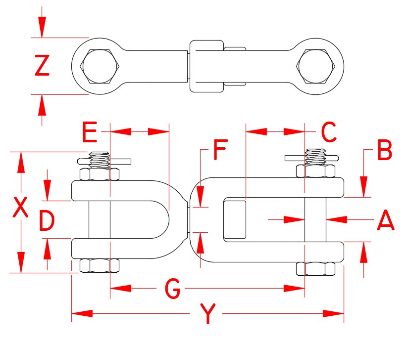 Stainless Steel Forged Jaw & Jaw Swivel, S0156-FS05, S0156-FS07, S0156-FS08, S0156-FS10, S0156-FS13, S0156-FS16, Line Drawing Stainless Steel Forged Jaw & Jaw Swivel, S0156-FS05, S0156-FS07, S0156-FS08, S0156-FS10, S0156-FS13, S0156-FS16, Line Drawing